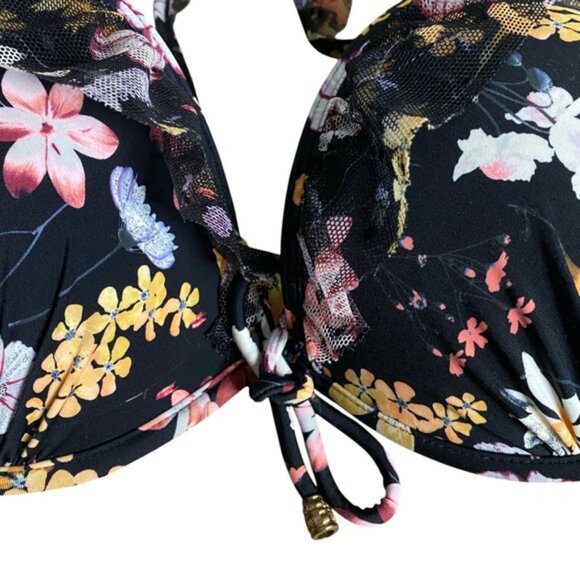 Time And Tru Women's Black Floral Lace Swim Bikini Halter Top - Picture 2 of 7